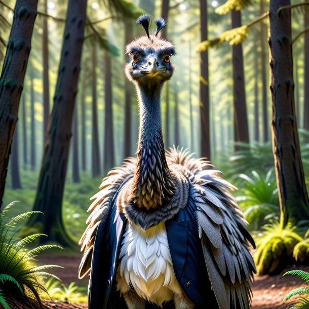 Image of a emu in a coat in the forest