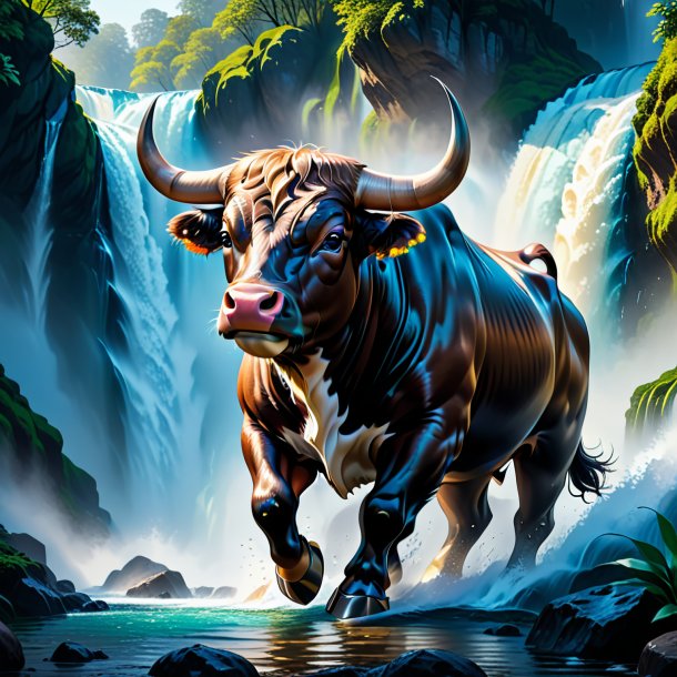 Illustration of a bull in a gloves in the waterfall