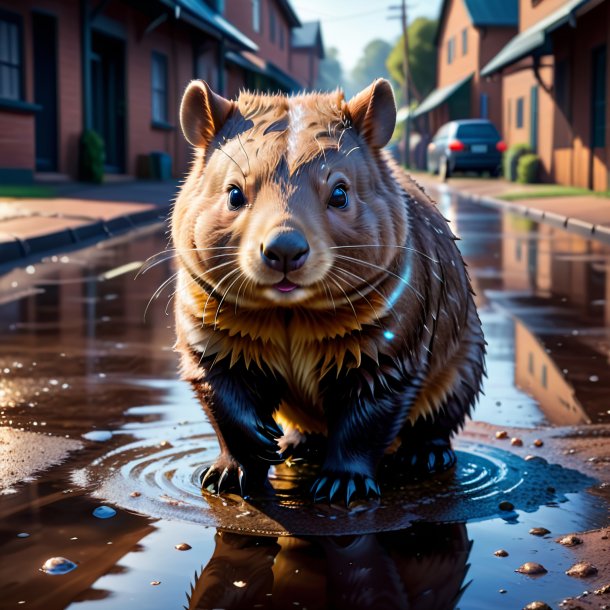 Illustration of a wombat in a gloves in the puddle