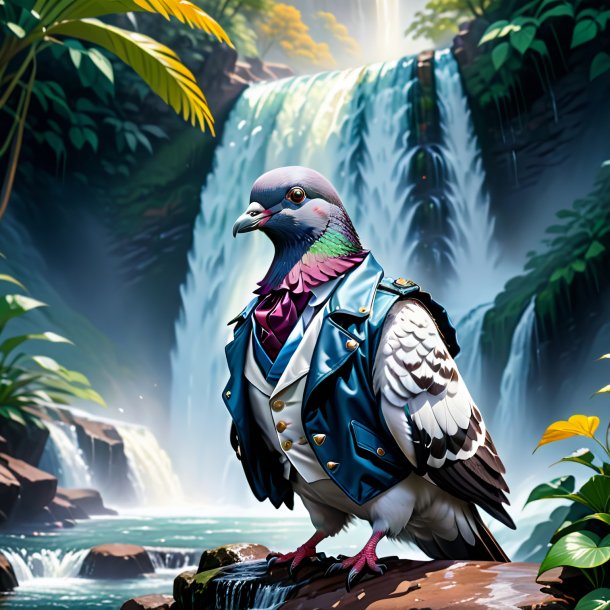 Illustration of a pigeon in a jacket in the waterfall