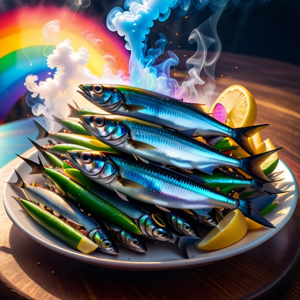 Pic d'une cigarette de sardines sur l'arc-en-ciel