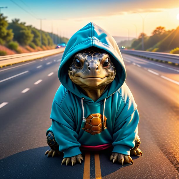 Pic d'une tortue dans un sweat à capuche sur l'autoroute