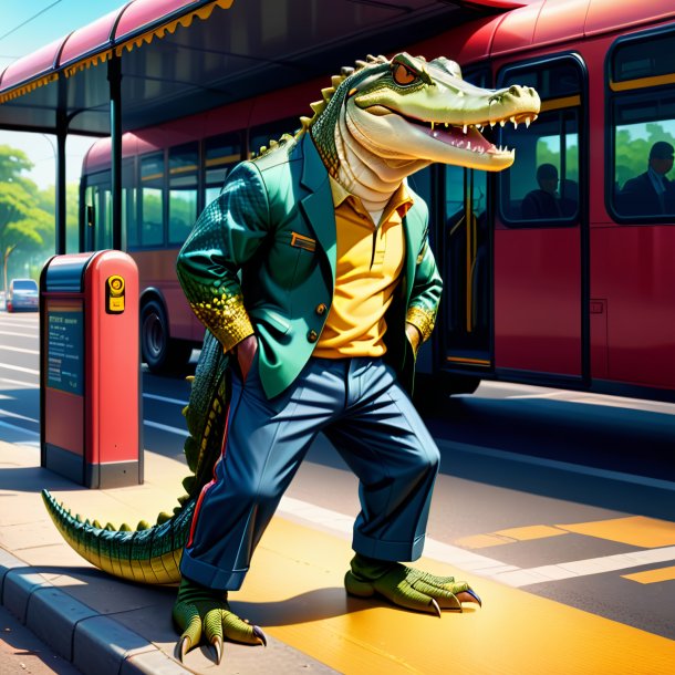 Illustration of a crocodile in a trousers on the bus stop