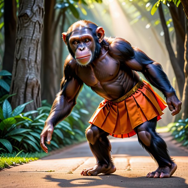 Pic of a chimpanzee in a orange skirt