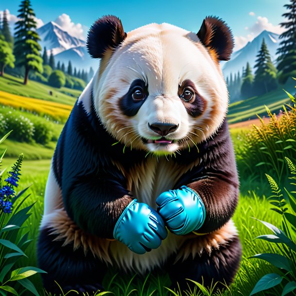 Image of a giant panda in a gloves in the meadow