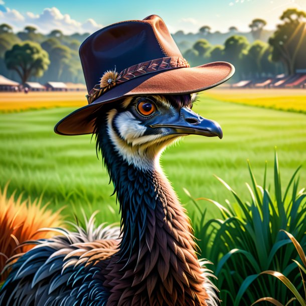 Ilustración de un emu en un sombrero en el campo