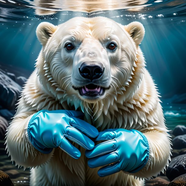 Image of a polar bear in a gloves in the water