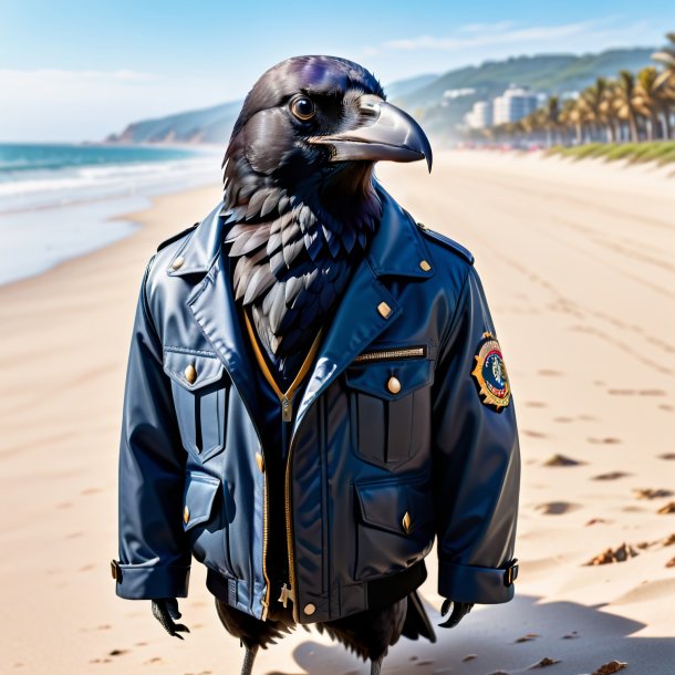 Picture of a crow in a jacket on the beach