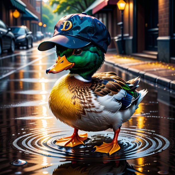 Drawing of a duck in a cap in the puddle