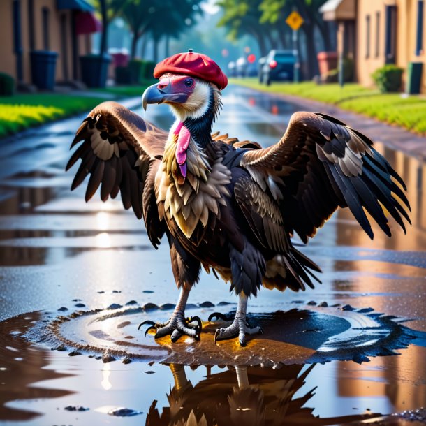 Foto de un buitre en un gorro en el charco