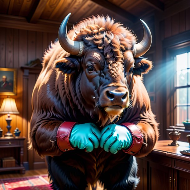 Photo of a bison in a gloves in the house