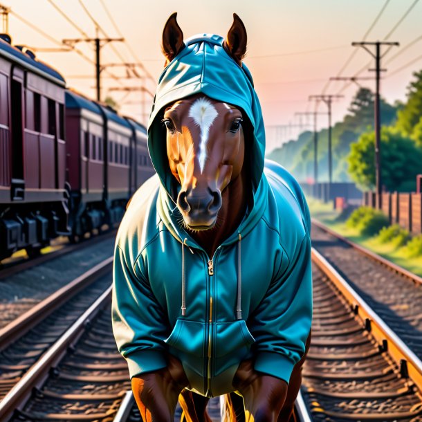 Foto de un caballo en una sudadera con capucha en las vías del tren