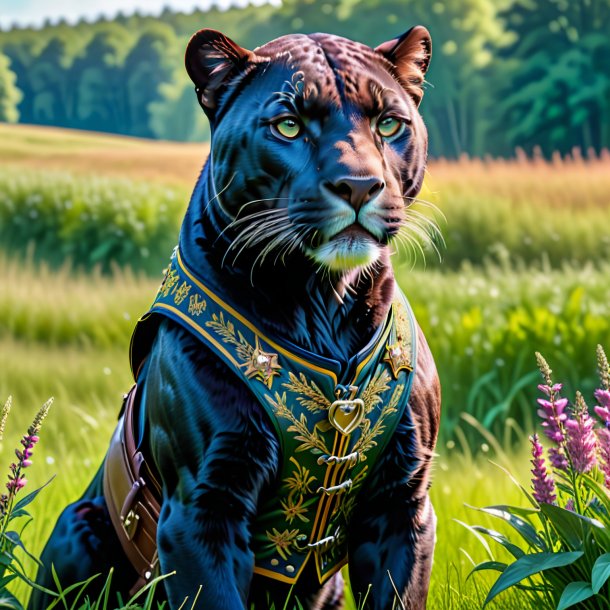 Pic of a panther in a vest in the meadow