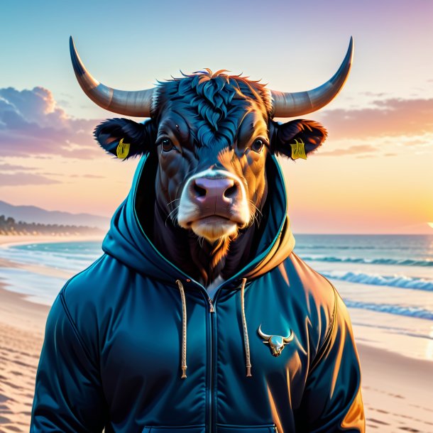 Image of a bull in a hoodie on the beach