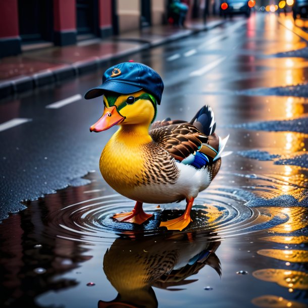 Foto de um pato em um boné na poça