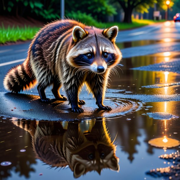 Pic d'une attente d'un raton laveur dans la flaque