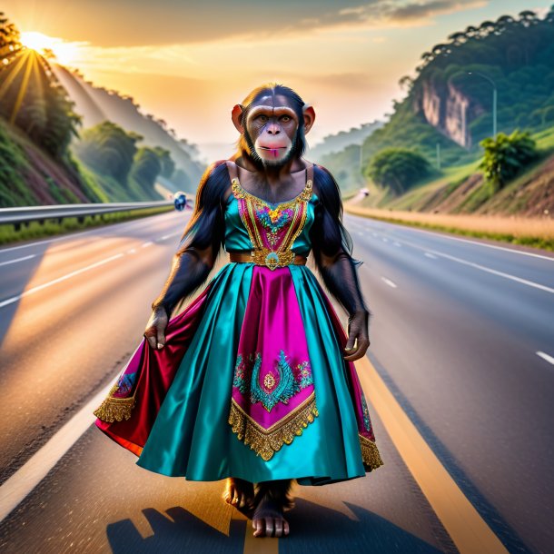 Photo of a chimpanzee in a dress on the highway