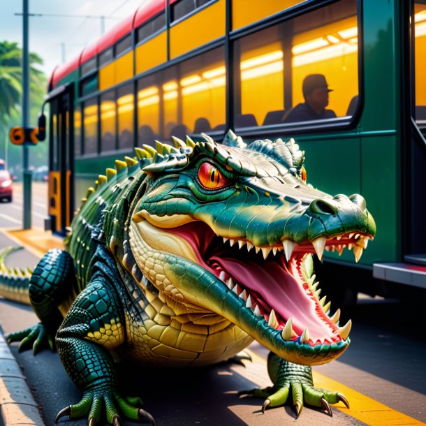 Foto de un cocodrilo enojado en la parada de autobús