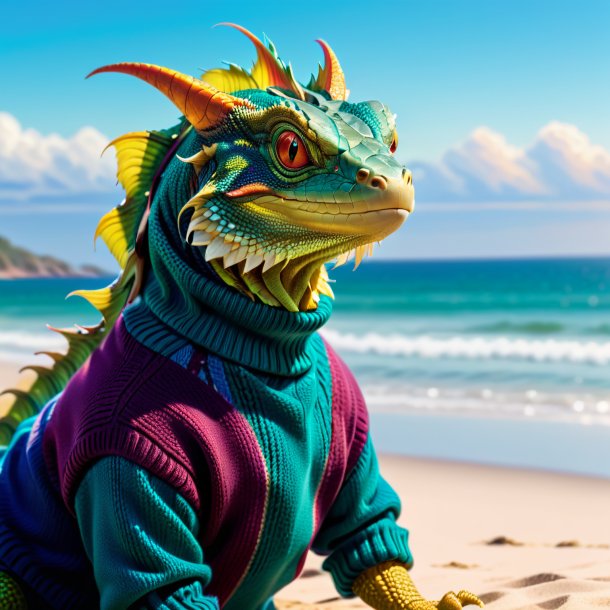 Pic of a basilisk in a sweater on the beach