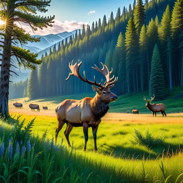 Photo of a waiting of a elk in the meadow