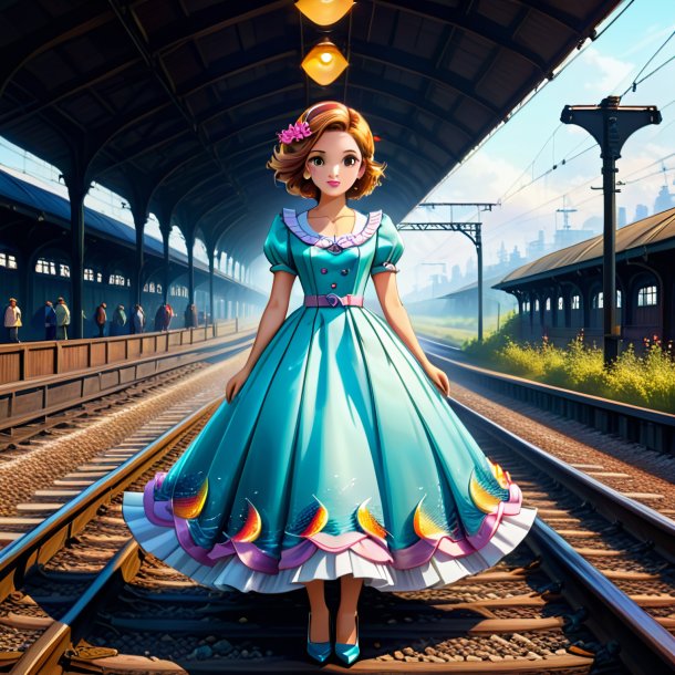 Ilustración de un pez en el vestido en las vías del ferrocarril