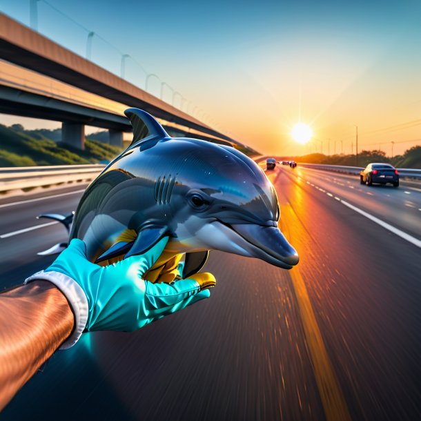 Imagen de un delfín en guantes en la carretera