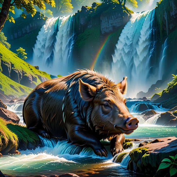 Image of a resting of a boar in the waterfall