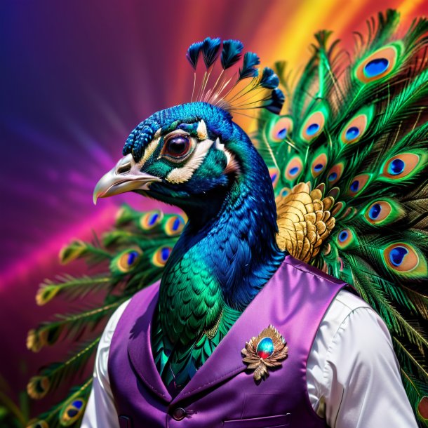 Picture of a peacock in a vest on the rainbow