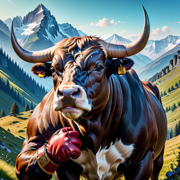 Drawing of a bull in a gloves in the mountains