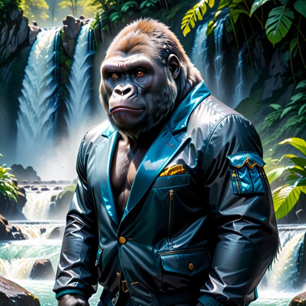 Photo of a gorilla in a jacket in the waterfall