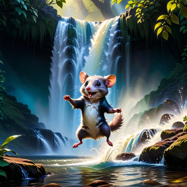 Photo of a dancing of a possum in the waterfall