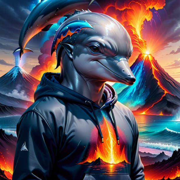 Drawing of a dolphin in a hoodie in the volcano