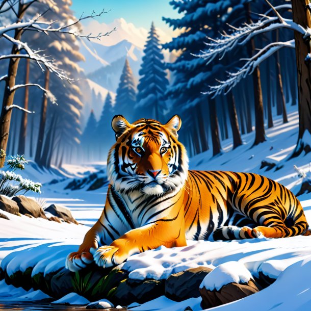 Picture of a waiting of a tiger in the snow