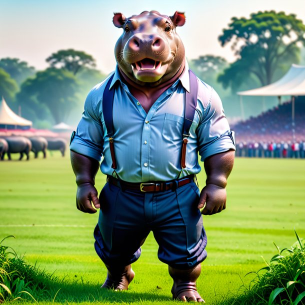 Image of a hippopotamus in a trousers on the field