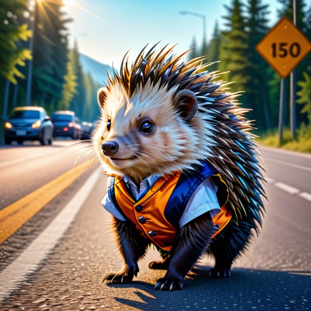 Drawing of a porcupine in a vest on the road