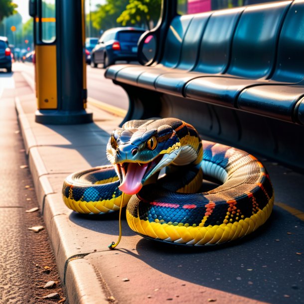 Foto de una cobra en zapatos en la parada de autobús