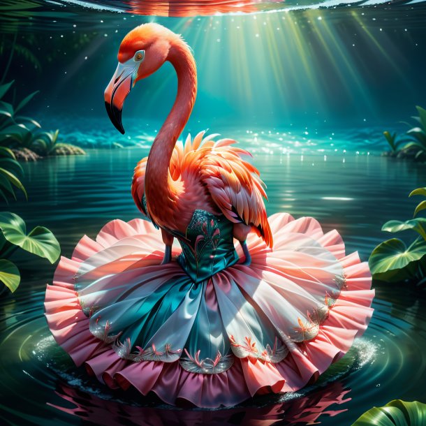 Ilustração de um flamingo em um vestido na água