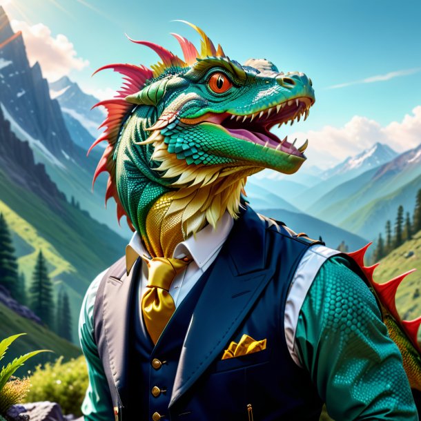 Picture of a basilisk in a vest in the mountains