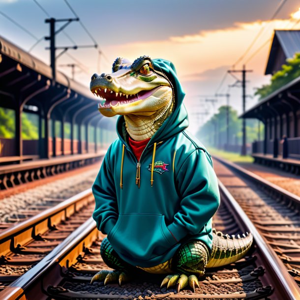 Picture of a alligator in a hoodie on the railway tracks