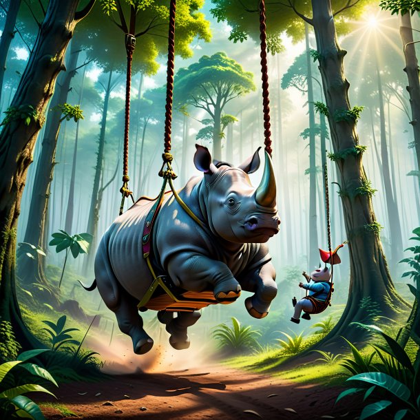 Photo of a swinging on a swing of a rhinoceros in the forest