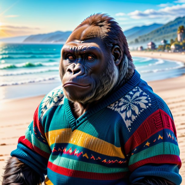 Pic of a gorilla in a sweater on the beach