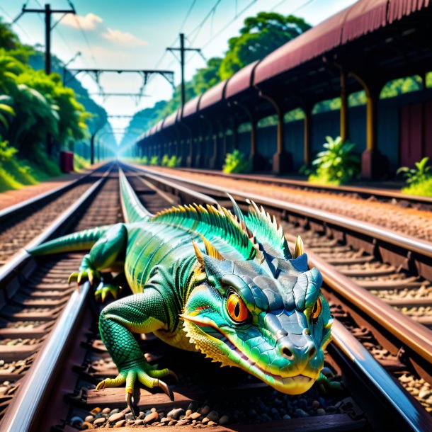 Image of a resting of a basilisk on the railway tracks