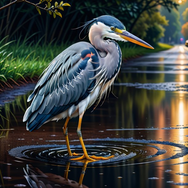 Illustration of a heron in a coat in the puddle