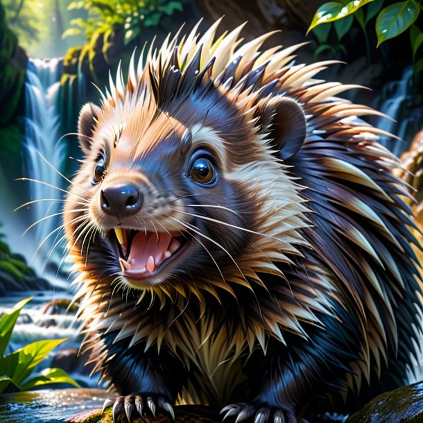 Image of a smiling of a porcupine in the waterfall