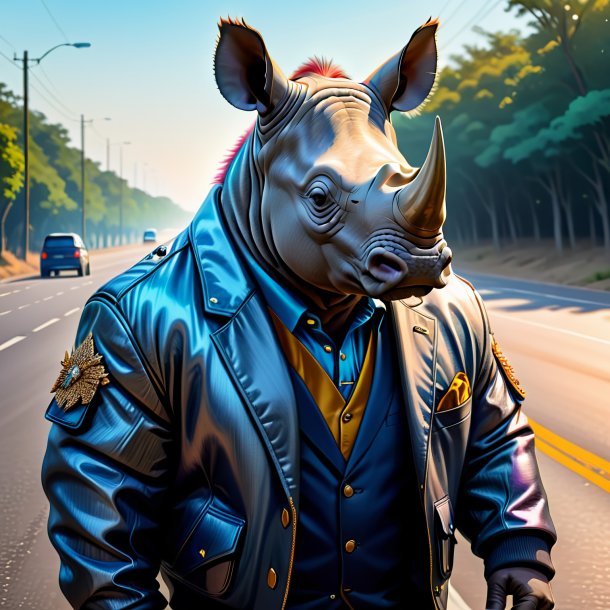 Drawing of a rhinoceros in a jacket on the road