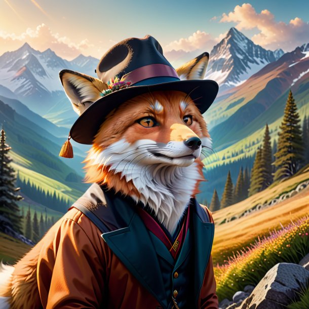 Illustration of a fox in a hat in the mountains