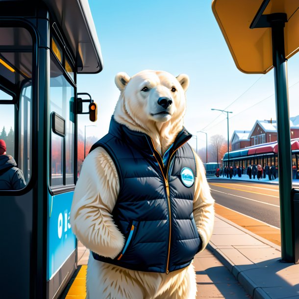 Ilustração de um urso polar em um colete no ponto de ônibus