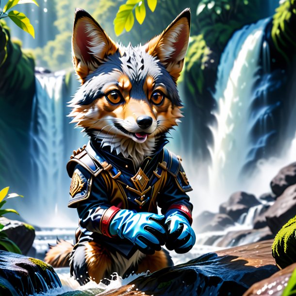 Photo of a jackal in a gloves in the waterfall