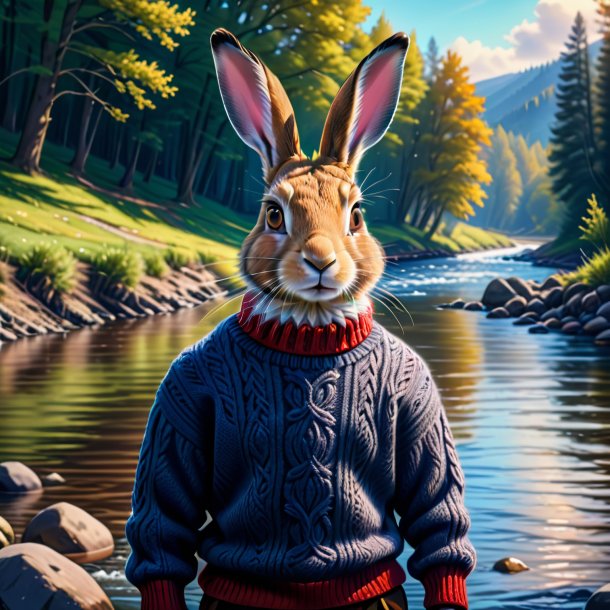 Drawing of a hare in a sweater in the river