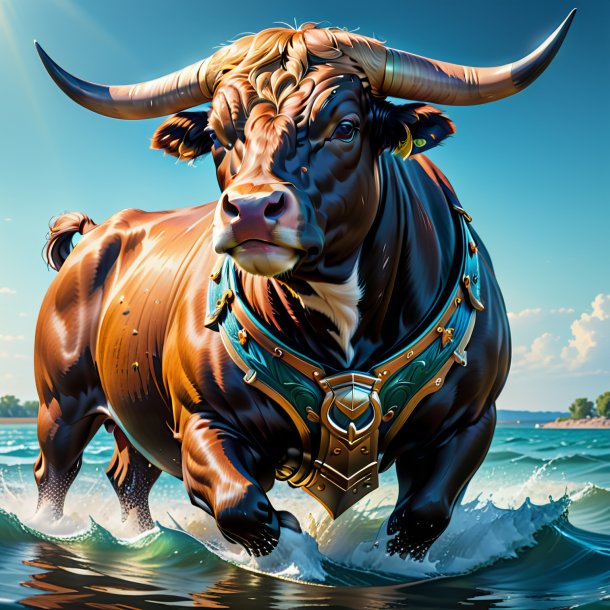 Illustration of a bull in a belt in the water